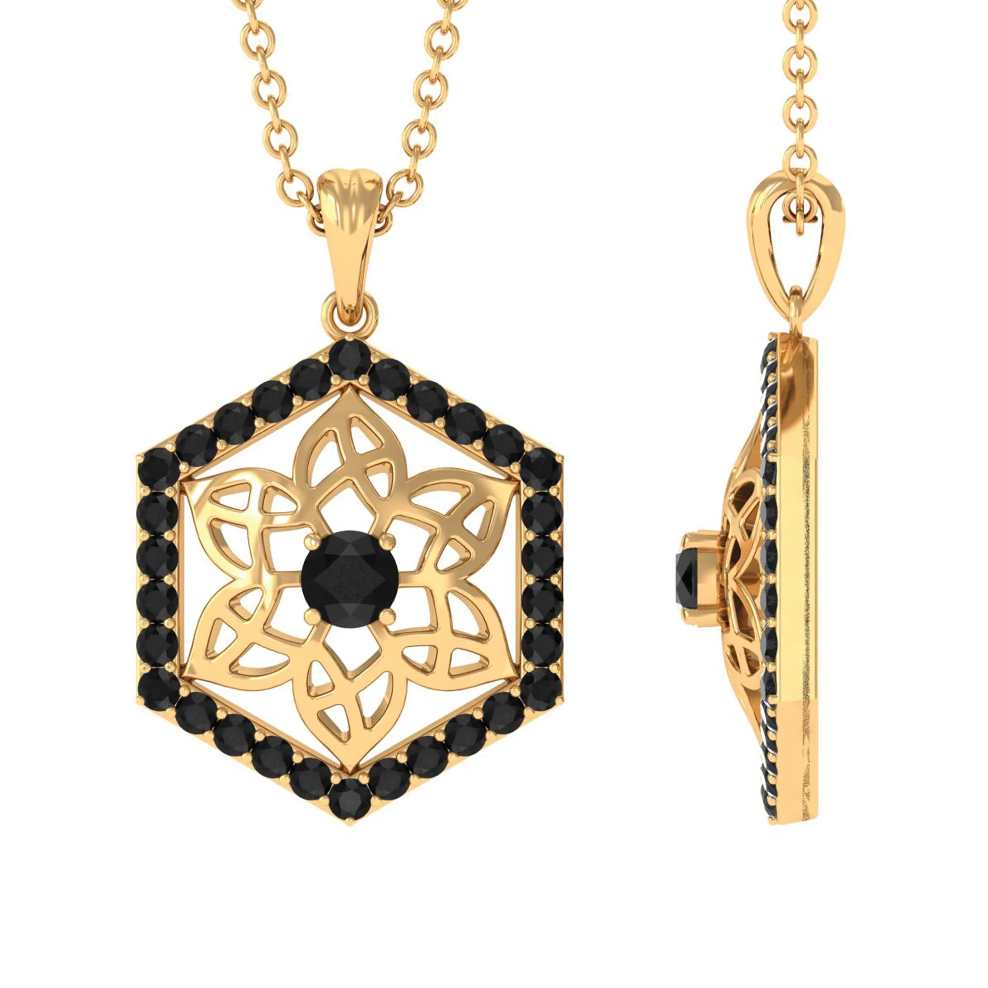0.50 CT Round Cut Black Onyx Flower Pendant in Gold