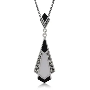 0,75k Schwarzer Onyx, Perlmutt & Markasit 925 Sterlingsilber Art Déco 45cm Halskette