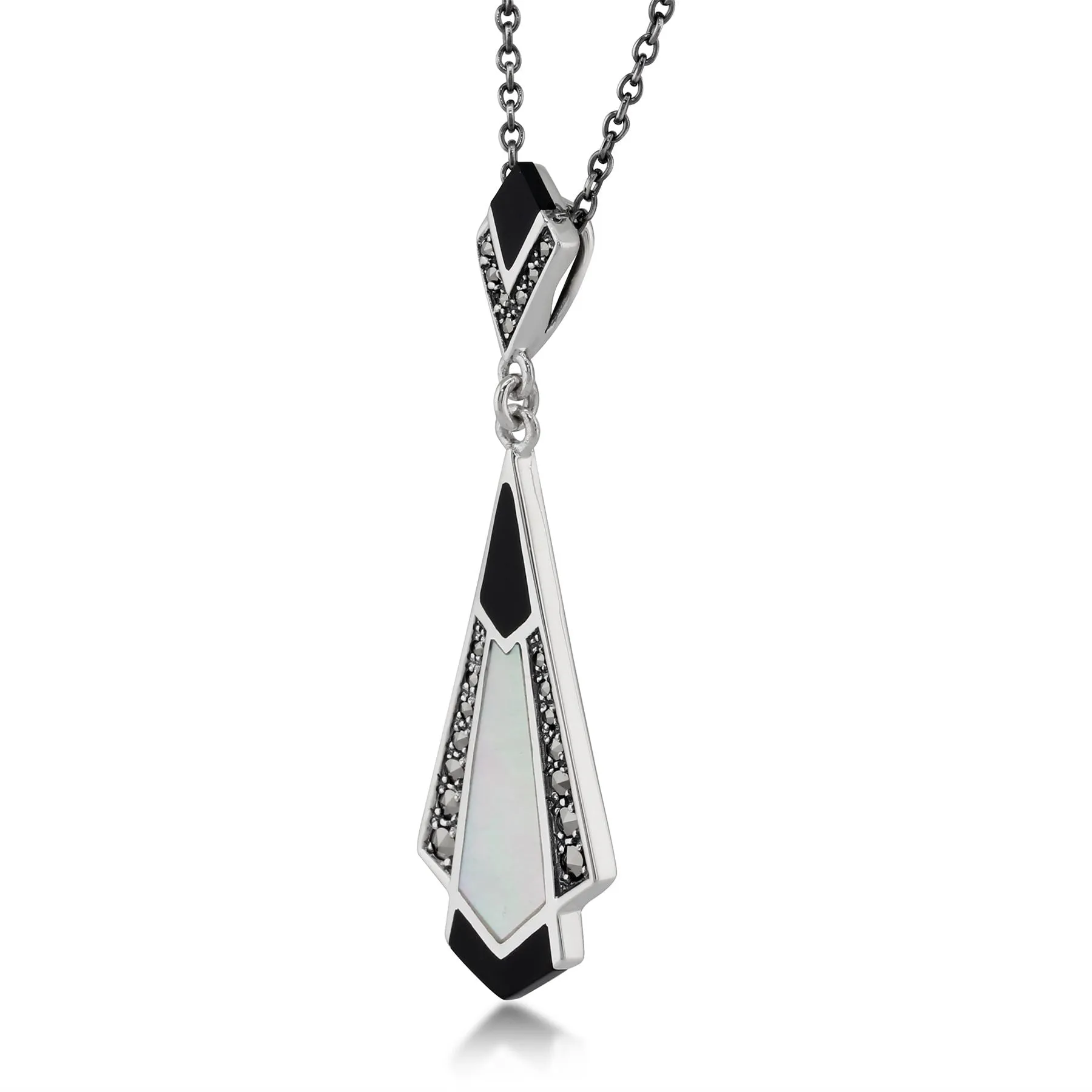 0,75k Schwarzer Onyx, Perlmutt & Markasit 925 Sterlingsilber Art Déco 45cm Halskette