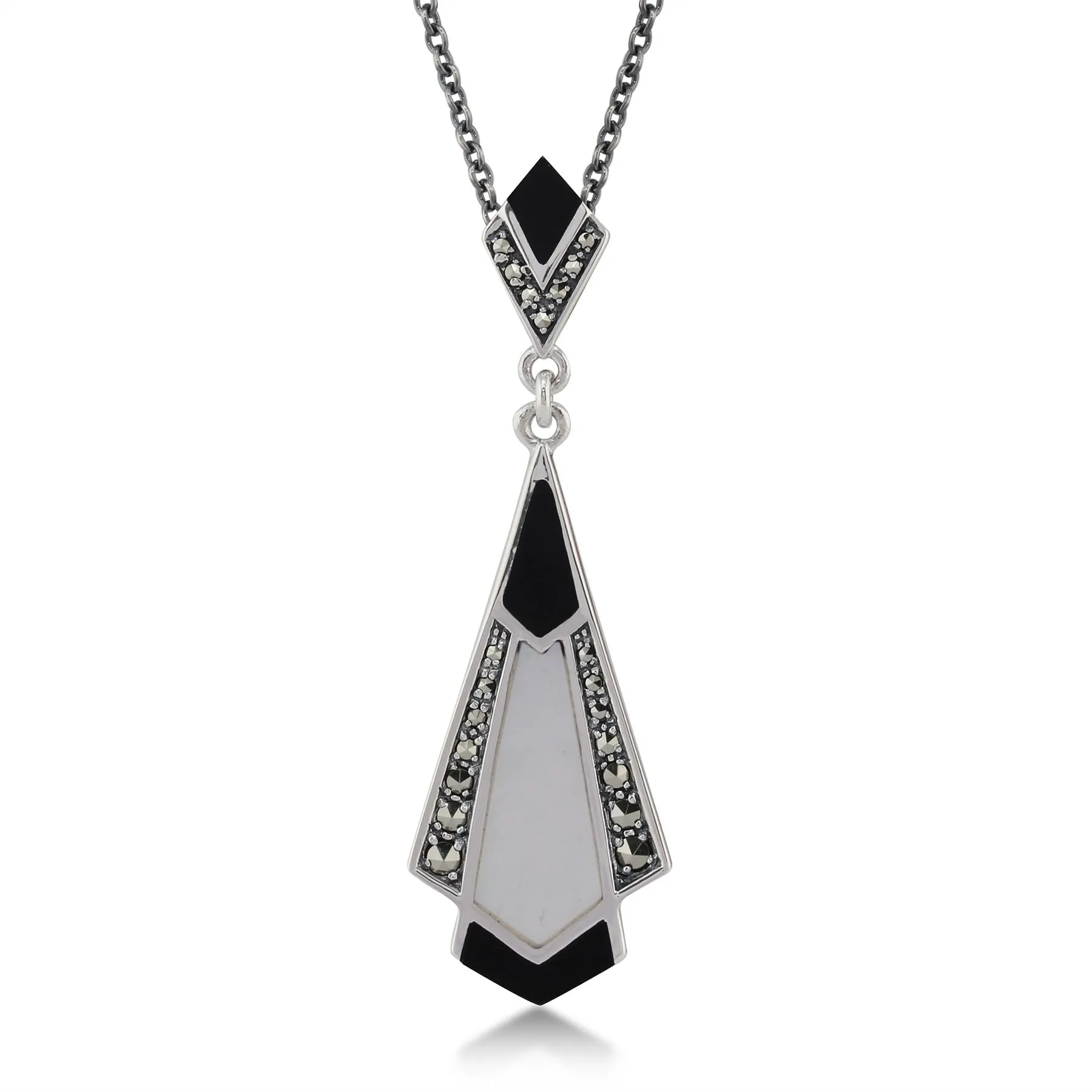 0,75k Schwarzer Onyx, Perlmutt & Markasit 925 Sterlingsilber Art Déco 45cm Halskette