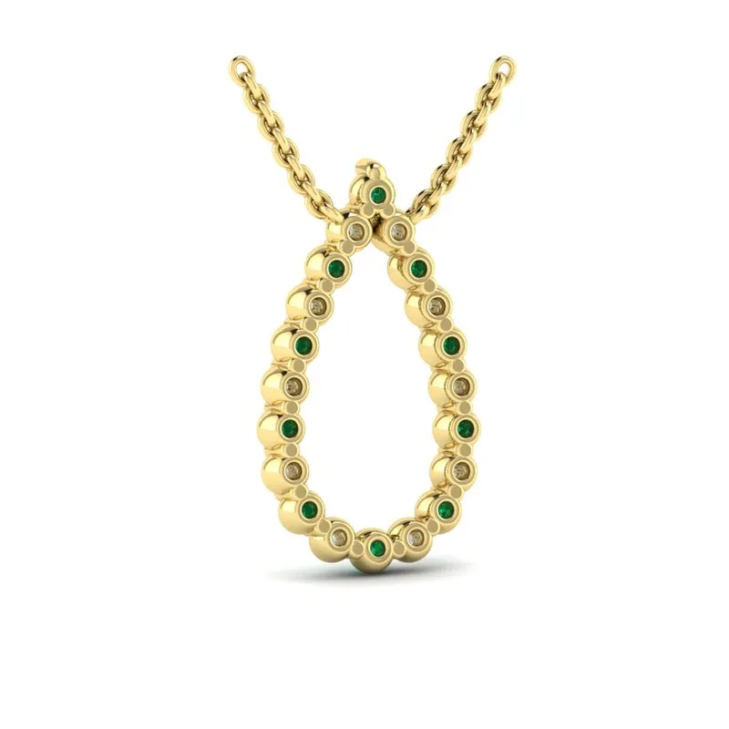 14K YELLOW GOLD 16-18 INCH ALTERNATING DIAMOND AND EMERALD OPEN TEARDROP NECKLACE