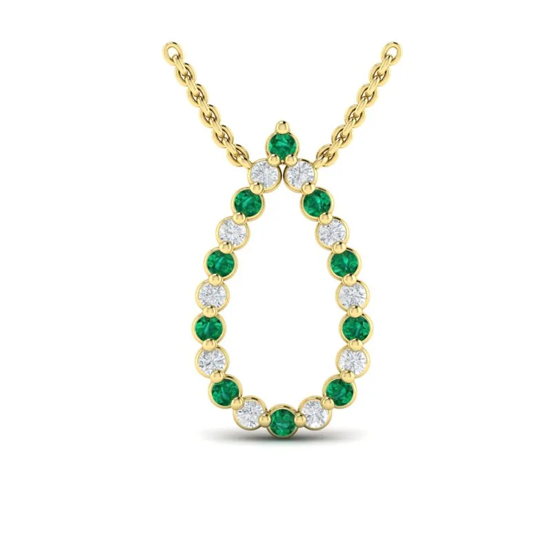 14K YELLOW GOLD 16-18 INCH ALTERNATING DIAMOND AND EMERALD OPEN TEARDROP NECKLACE