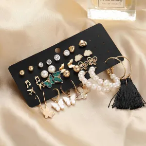 17 Pair Gold Plated Pearl Butterfly Hoop Drop Dangle Earrings Combo Set for Women and Girls