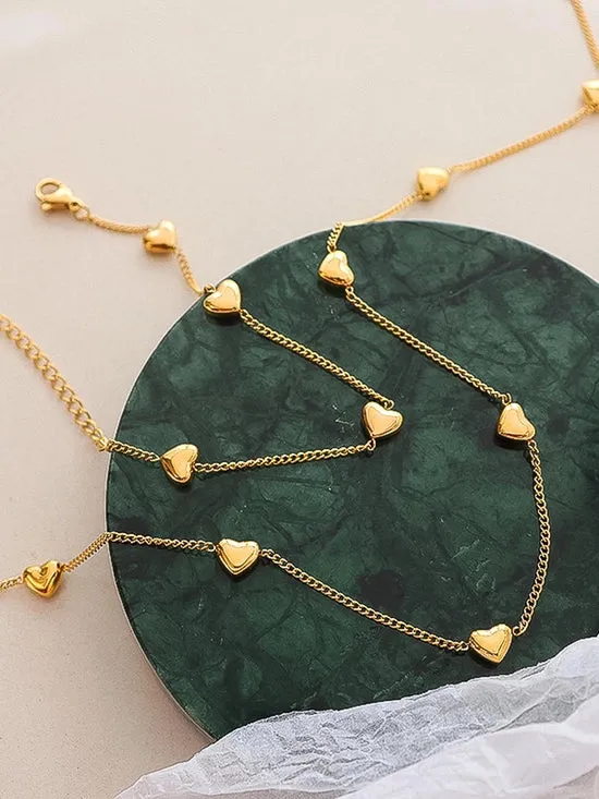 18K Gold Non-Tarnish Petite Heart Bracelet and Necklace