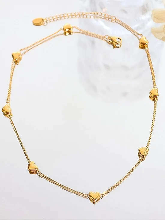 18K Gold Non-Tarnish Petite Heart Bracelet and Necklace