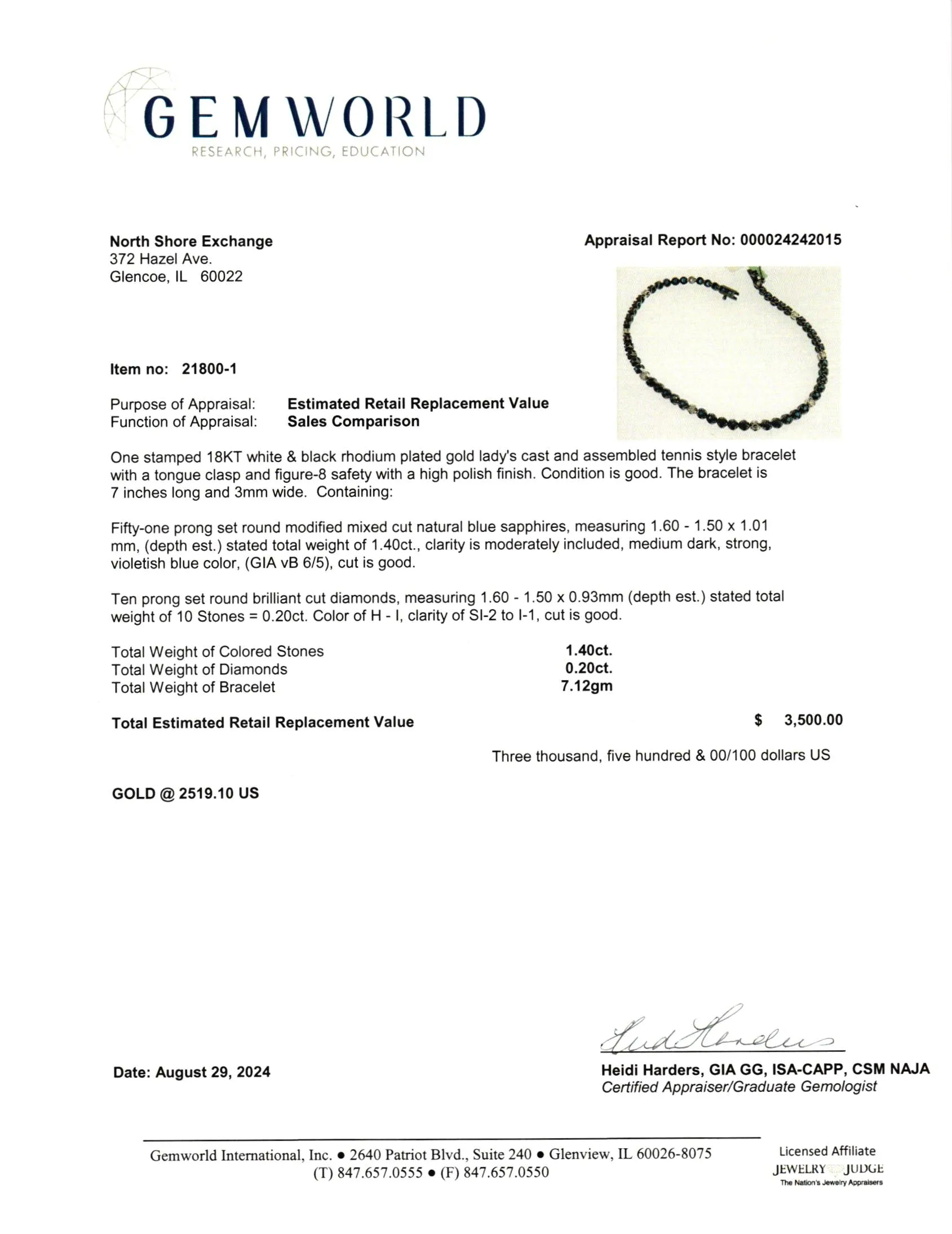 18K White Gold Tennis Bracelet with 51 Sapphires and 10 Diamonds
