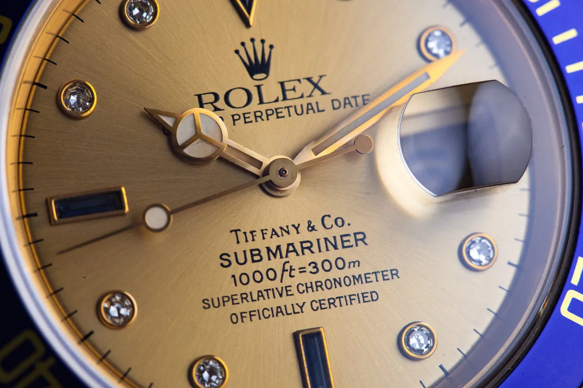 1990 Rolex YG Submariner 16618 Gold Tiffany & Co. Dial with Sapphire and Diamonds