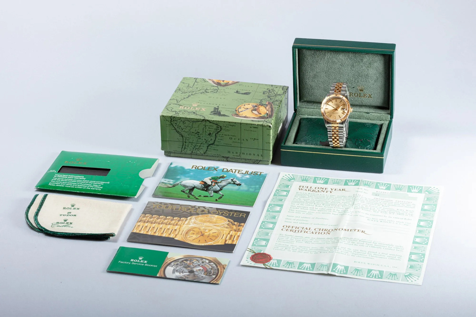 1991 Rolex 16263 18k/St Thunderbird Datejust Tapestry Stick Dial with Box and Papers