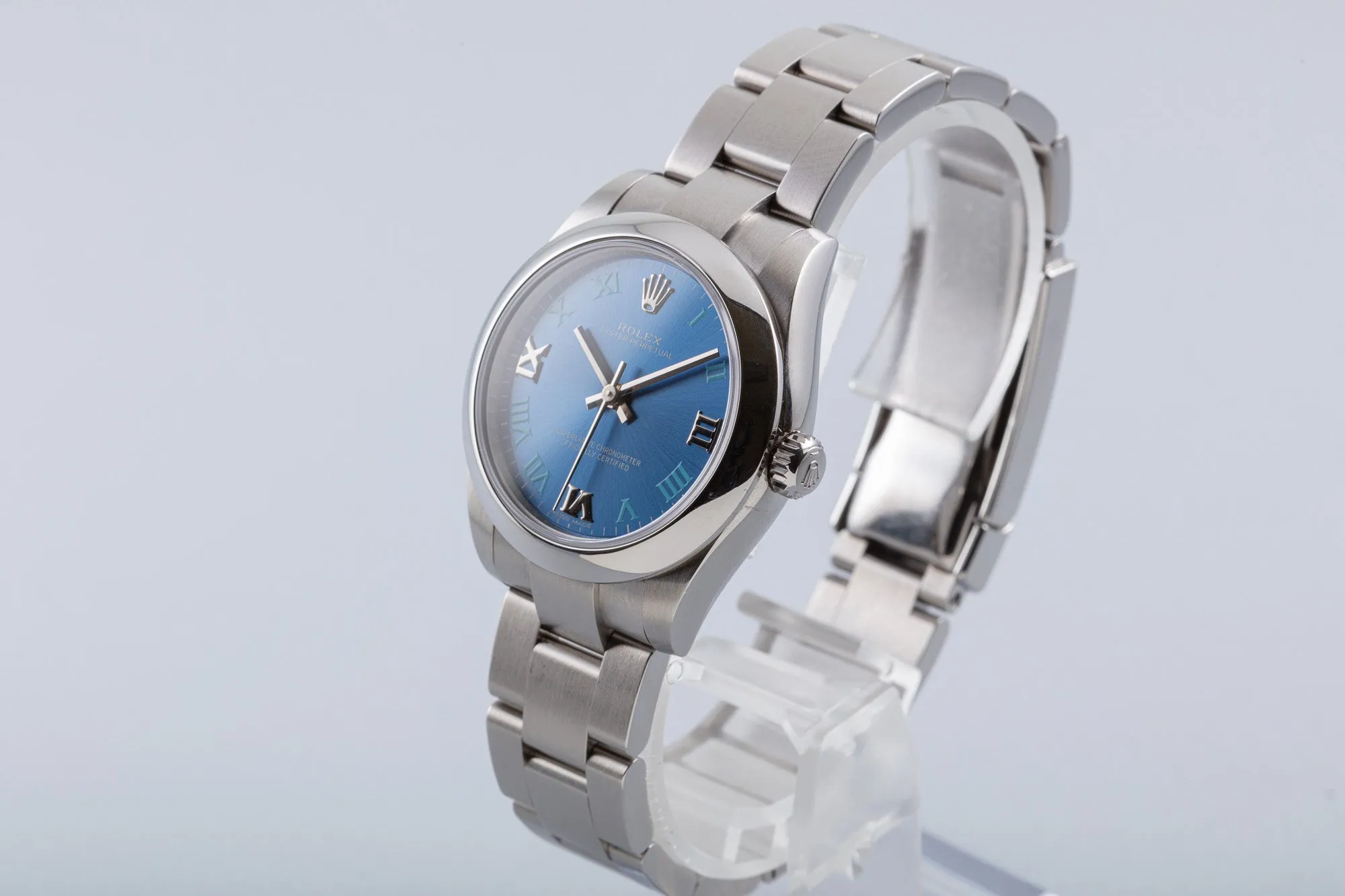2020 Rolex Oyster Perpetual 126000 31mm Bright Metallic Blue Dial Box & Card