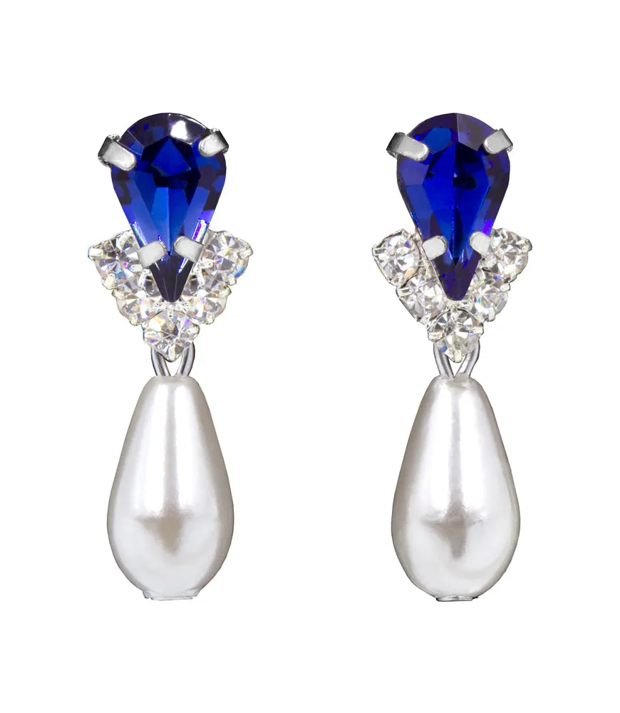 #5538SAPHS - Rhinestone Pear V Pearl Drop Earrings - Sapphire Silver Plated