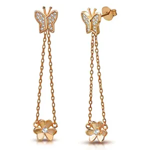 925 Sterling Silver Yellow Gold-Tone White Clear CZ Butterfly Flower Dangle Drop Earrings, 1.70"