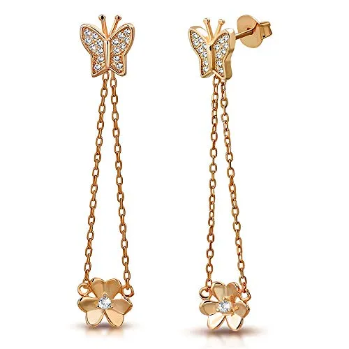 925 Sterling Silver Yellow Gold-Tone White Clear CZ Butterfly Flower Dangle Drop Earrings, 1.70"