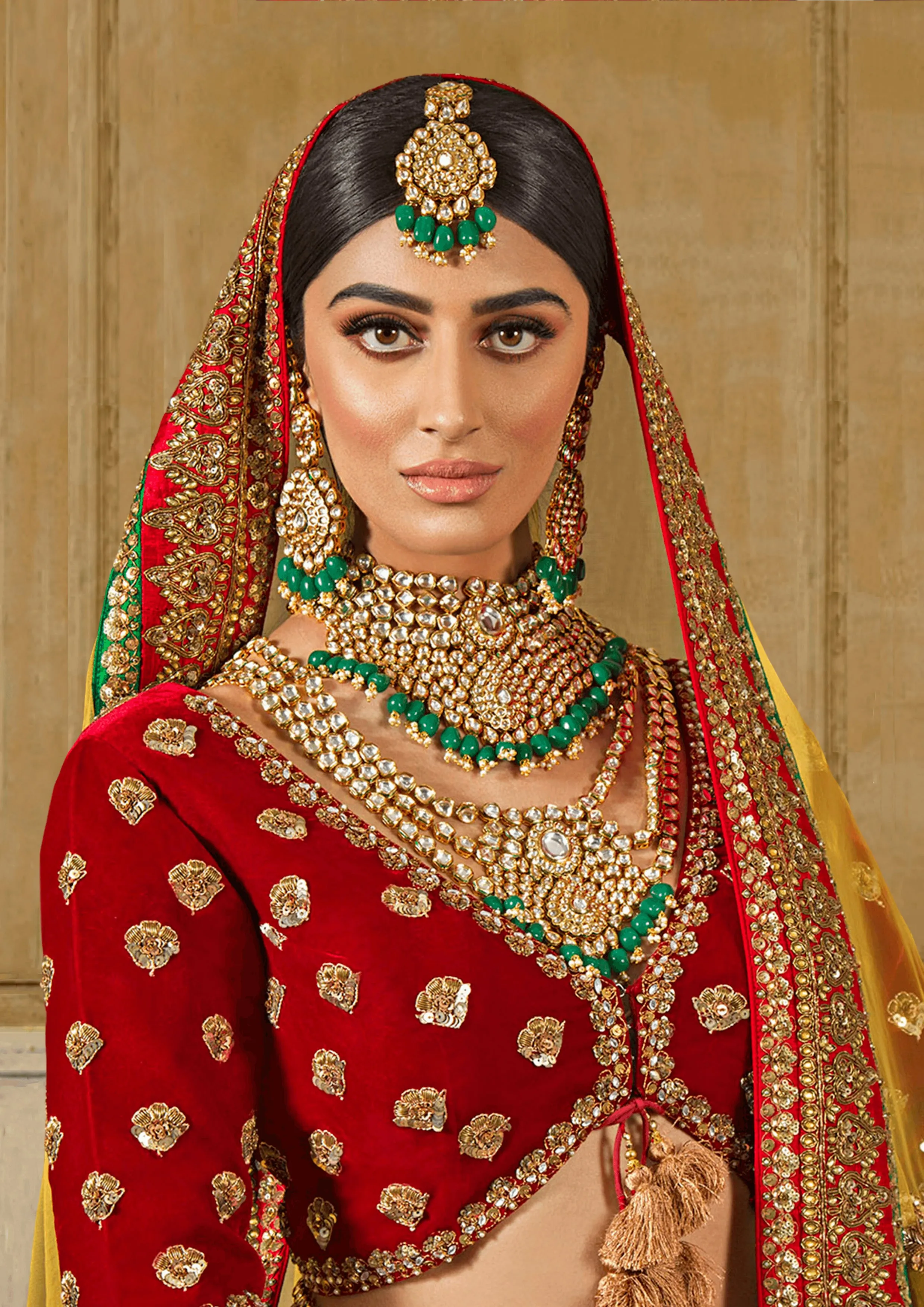 'Aakhya', Emerald Kundan Necklace with Earrings & Tikka by Oorvi Desai