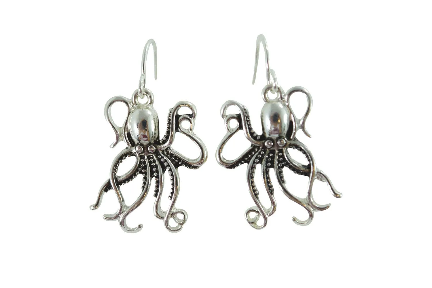 Antique Silver Metal Steampunk Kraken Octopus Sea Life Dangle Earrings