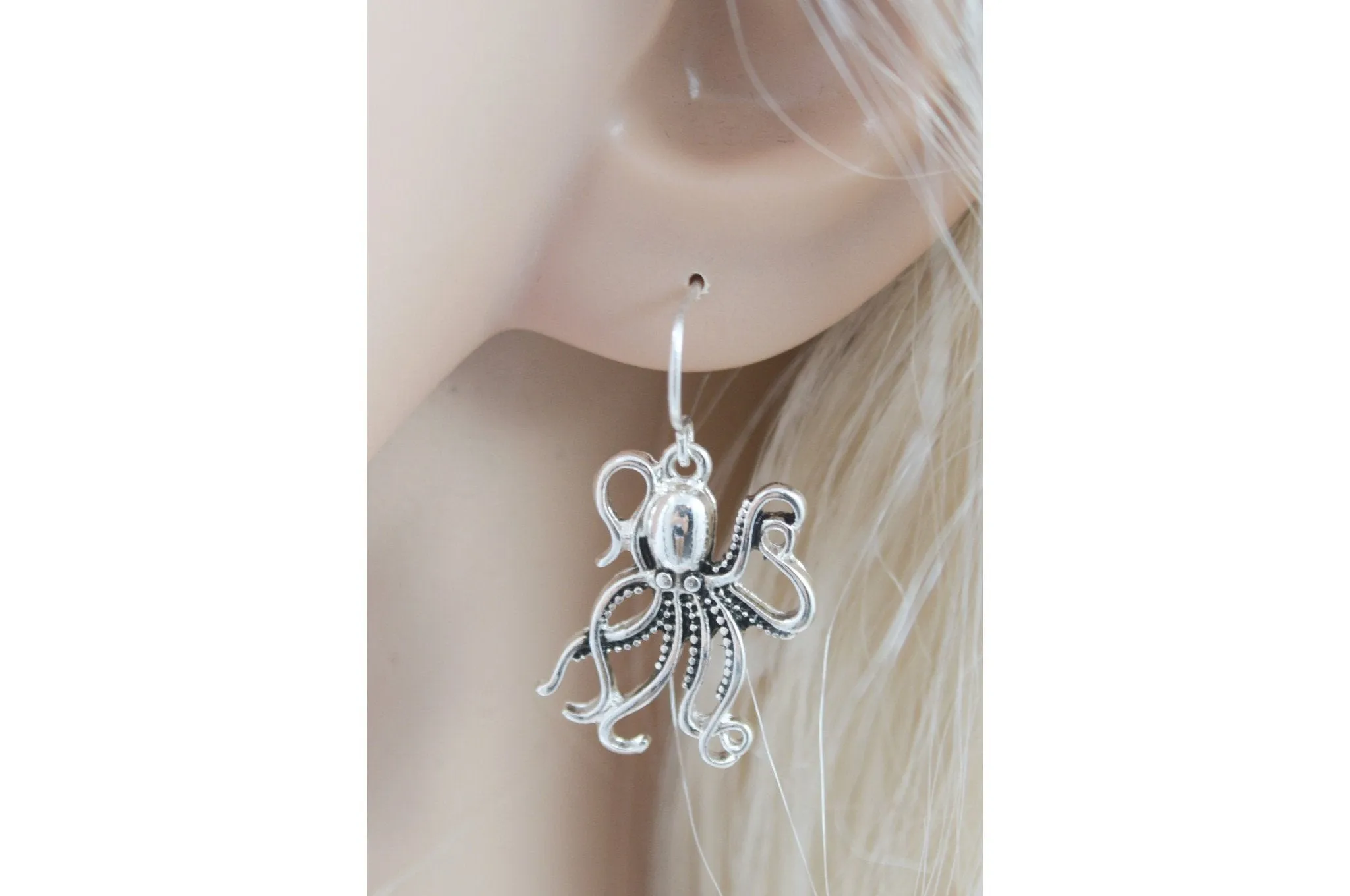 Antique Silver Metal Steampunk Kraken Octopus Sea Life Dangle Earrings