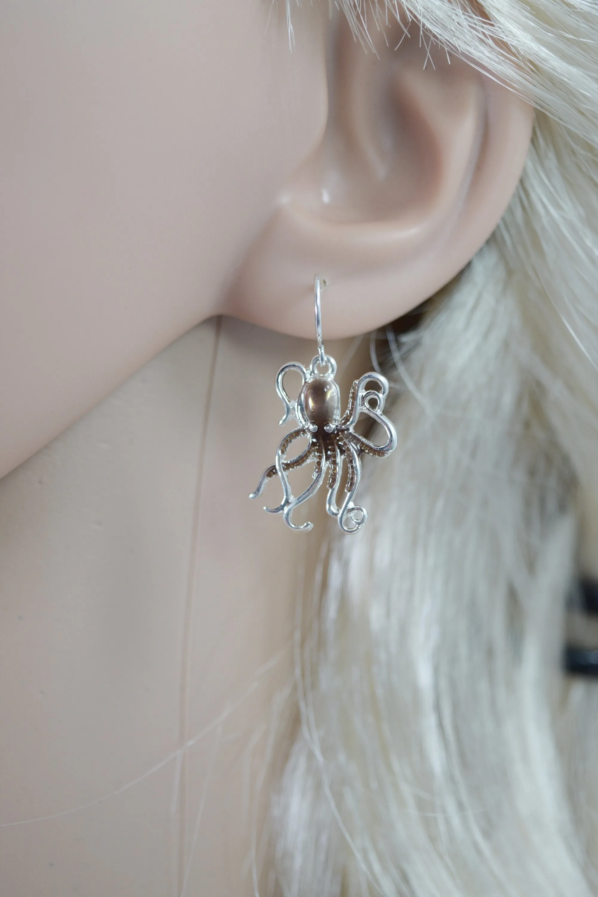 Antique Silver Metal Steampunk Kraken Octopus Sea Life Dangle Earrings
