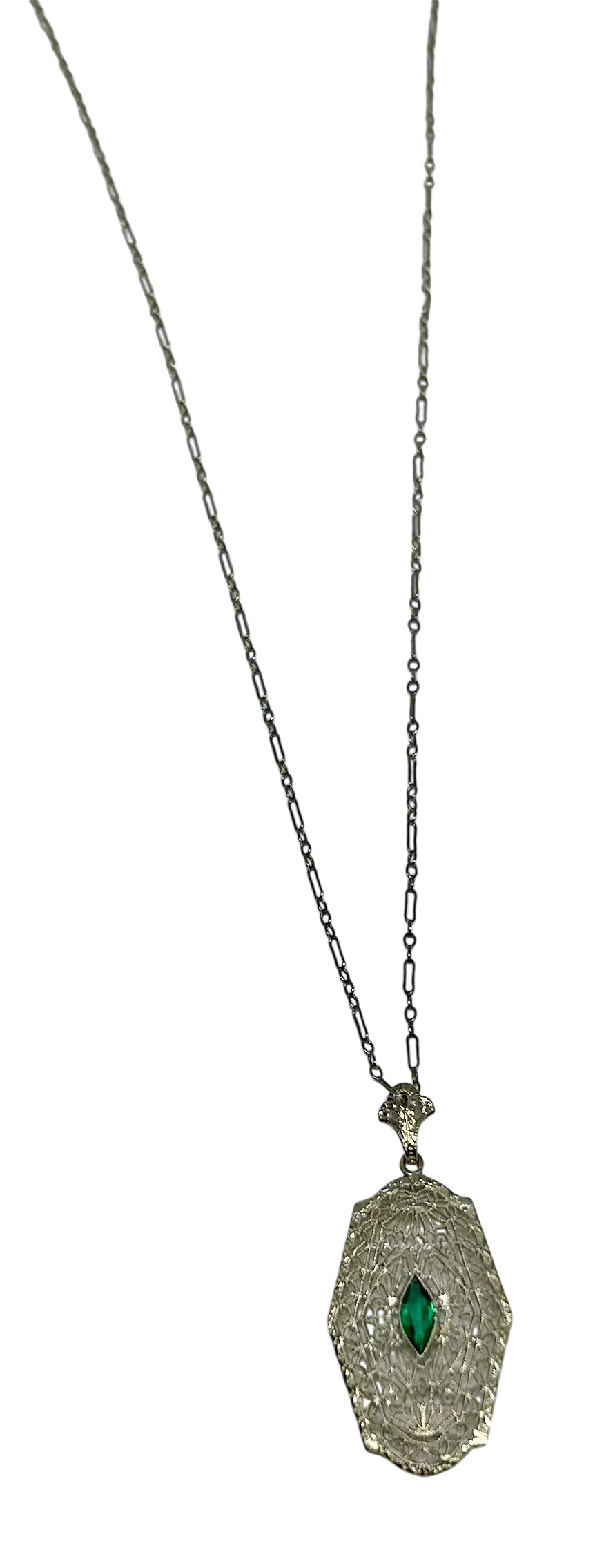 Art Deco Filigree Pendant with Emerald, 18"