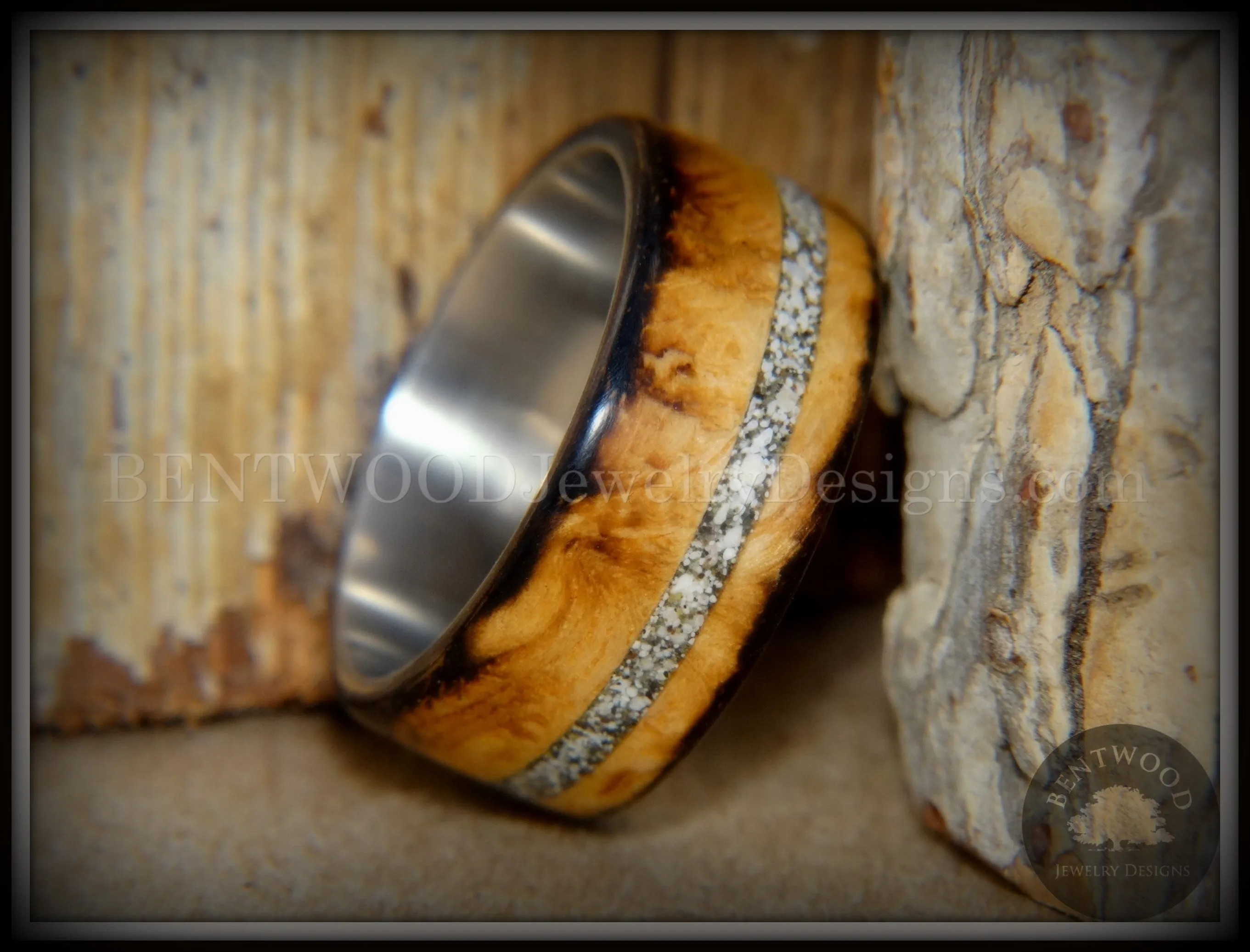 Bentwood Ring - "Smoked Steel" Smoked Olivewood Ring on Titanium Core with Offset Sand Inlay