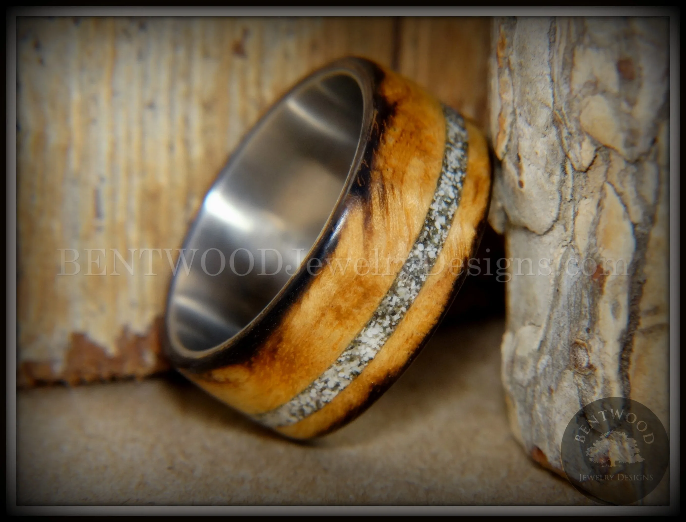 Bentwood Ring - "Smoked Steel" Smoked Olivewood Ring on Titanium Core with Offset Sand Inlay