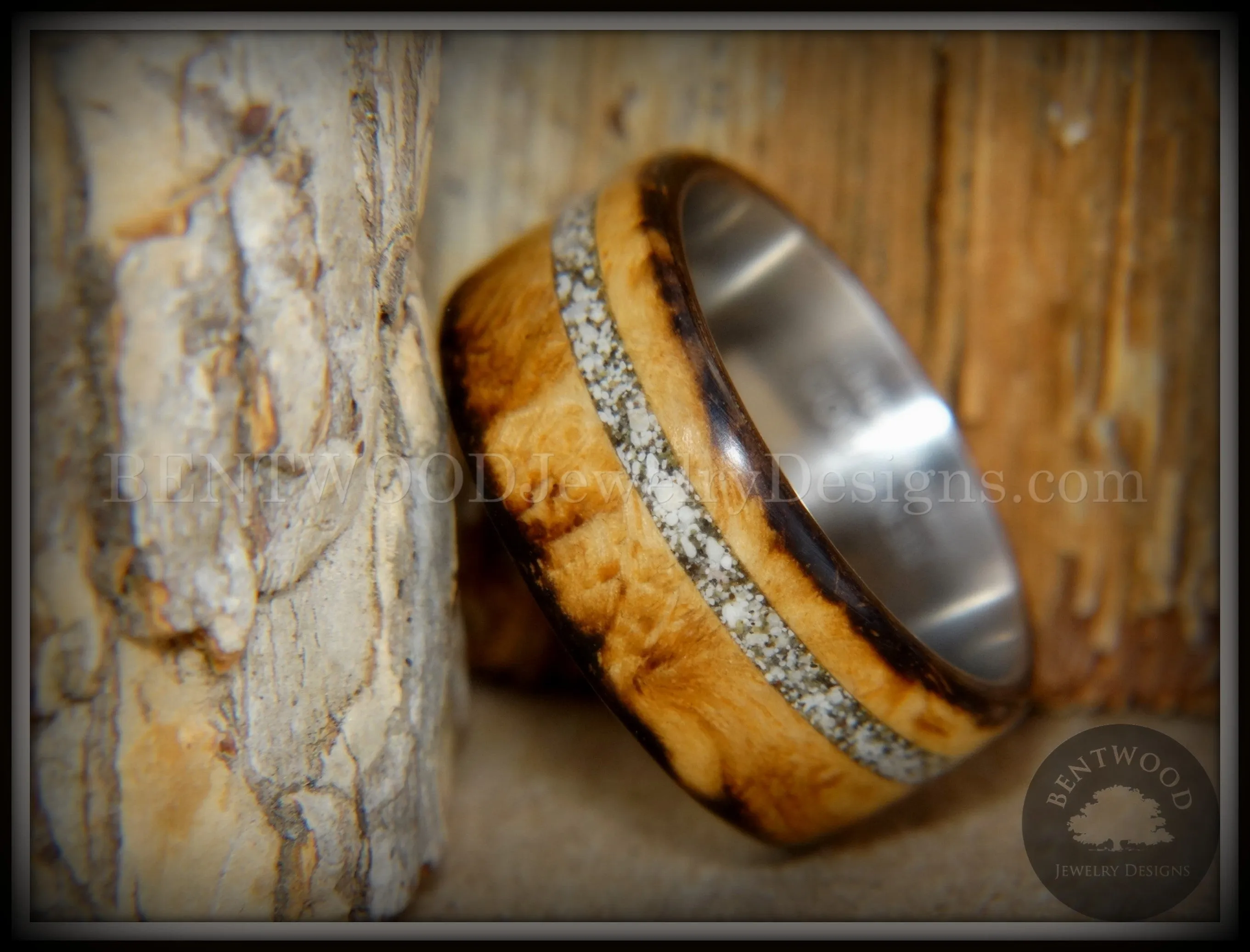Bentwood Ring - "Smoked Steel" Smoked Olivewood Ring on Titanium Core with Offset Sand Inlay