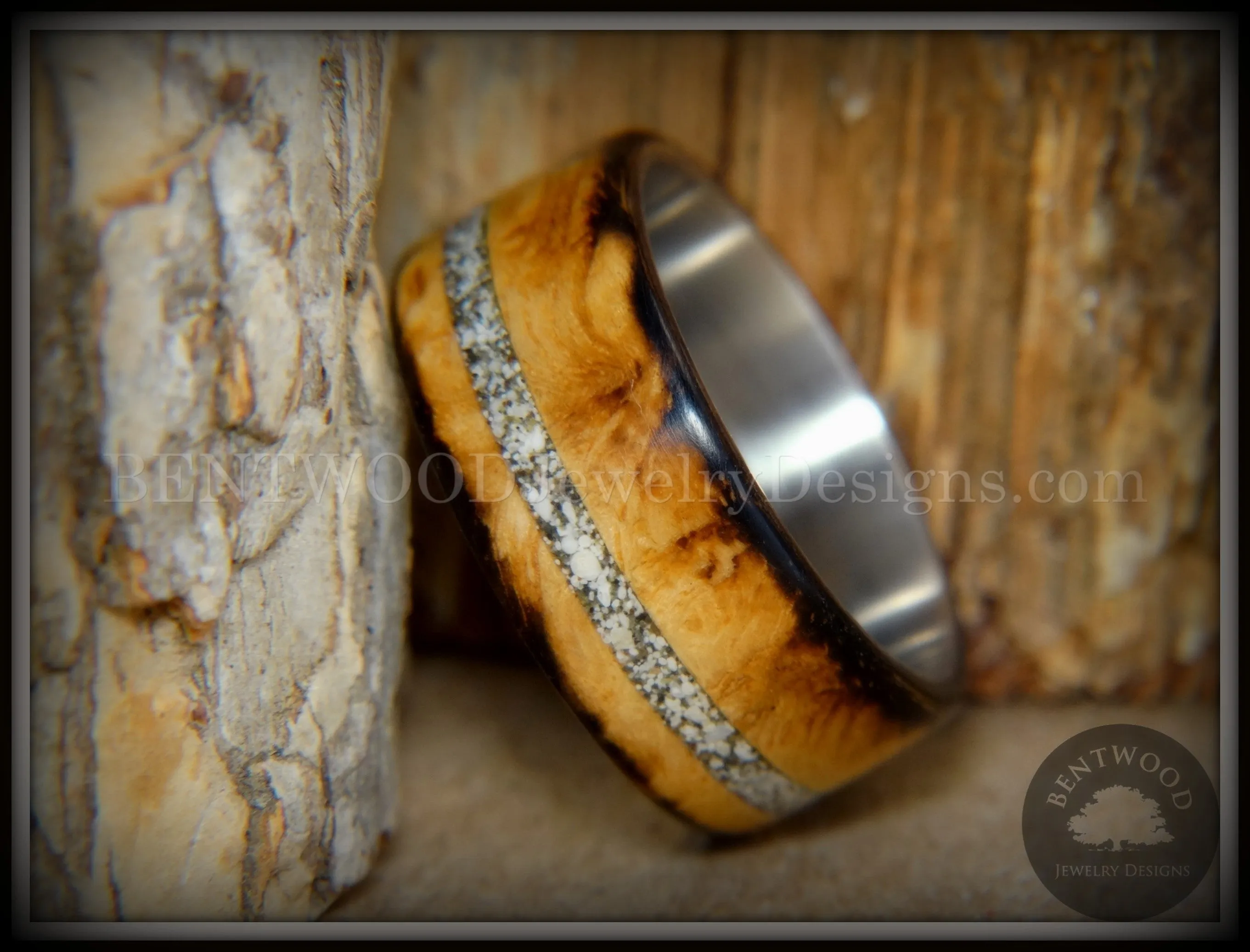 Bentwood Ring - "Smoked Steel" Smoked Olivewood Ring on Titanium Core with Offset Sand Inlay