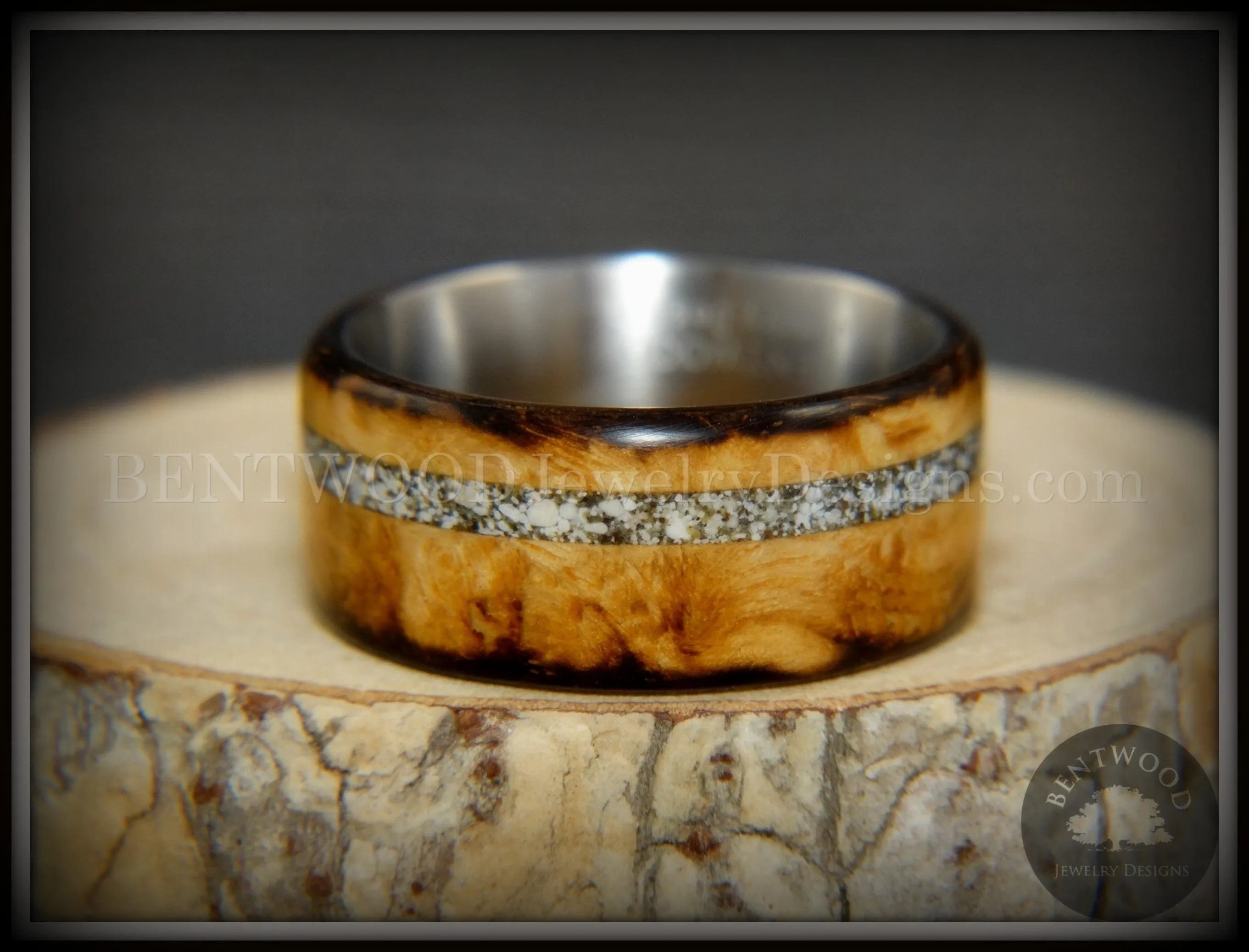 Bentwood Ring - "Smoked Steel" Smoked Olivewood Ring on Titanium Core with Offset Sand Inlay