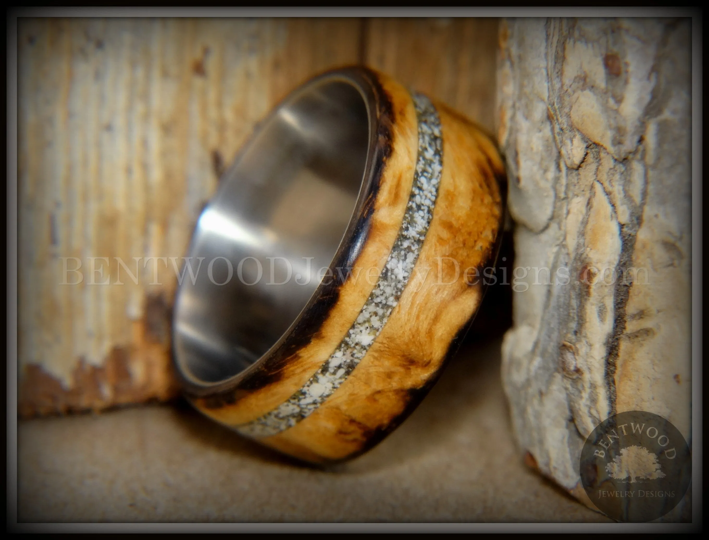 Bentwood Ring - "Smoked Steel" Smoked Olivewood Ring on Titanium Core with Offset Sand Inlay