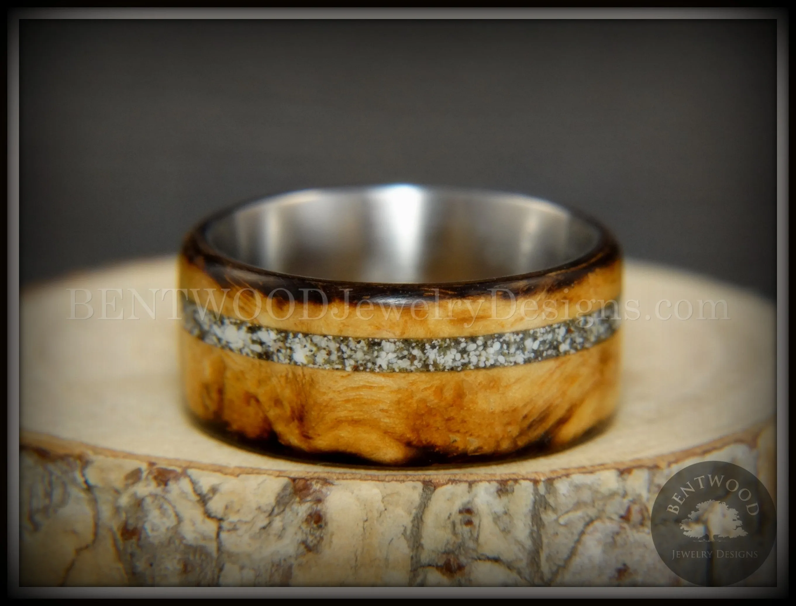 Bentwood Ring - "Smoked Steel" Smoked Olivewood Ring on Titanium Core with Offset Sand Inlay