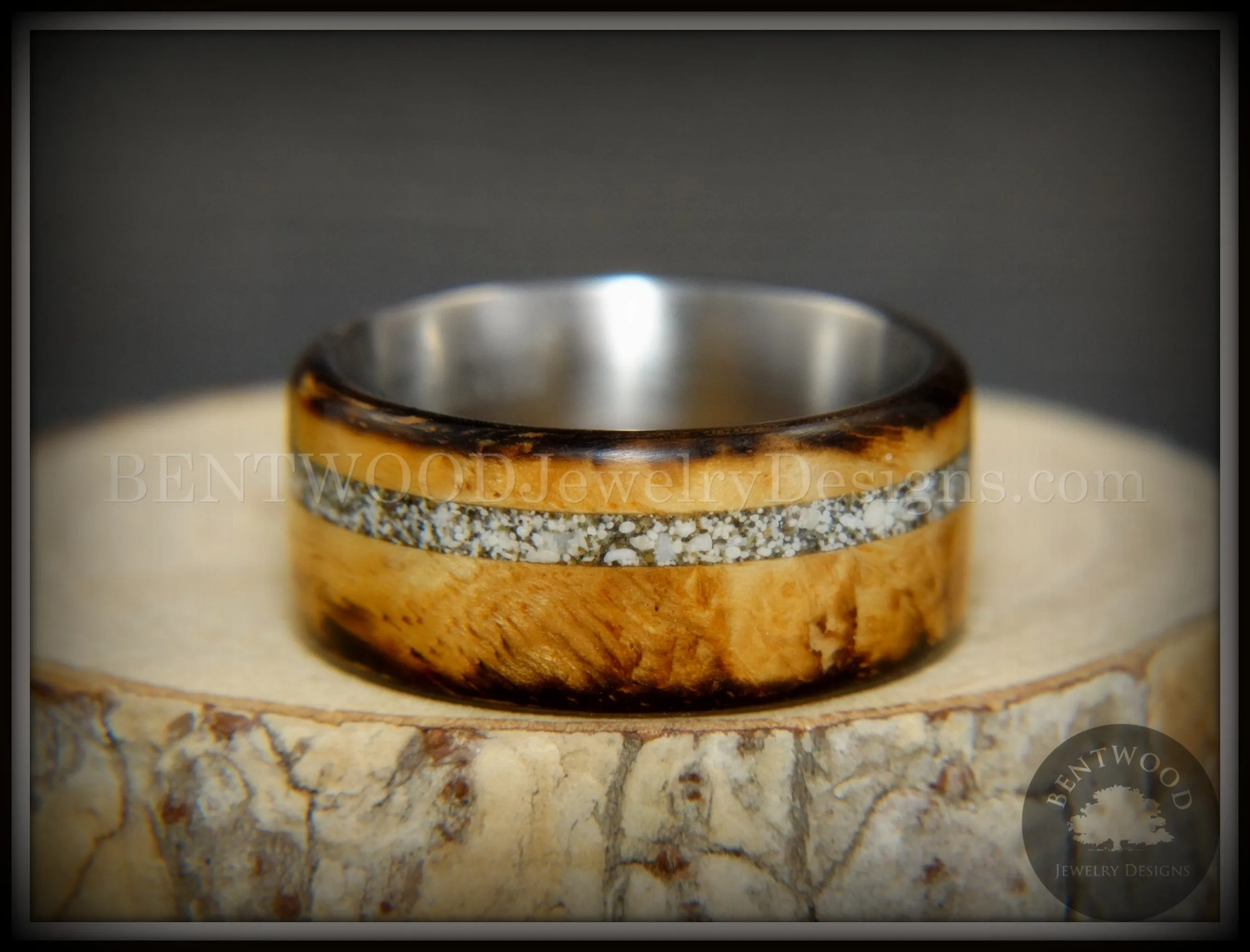 Bentwood Ring - "Smoked Steel" Smoked Olivewood Ring on Titanium Core with Offset Sand Inlay