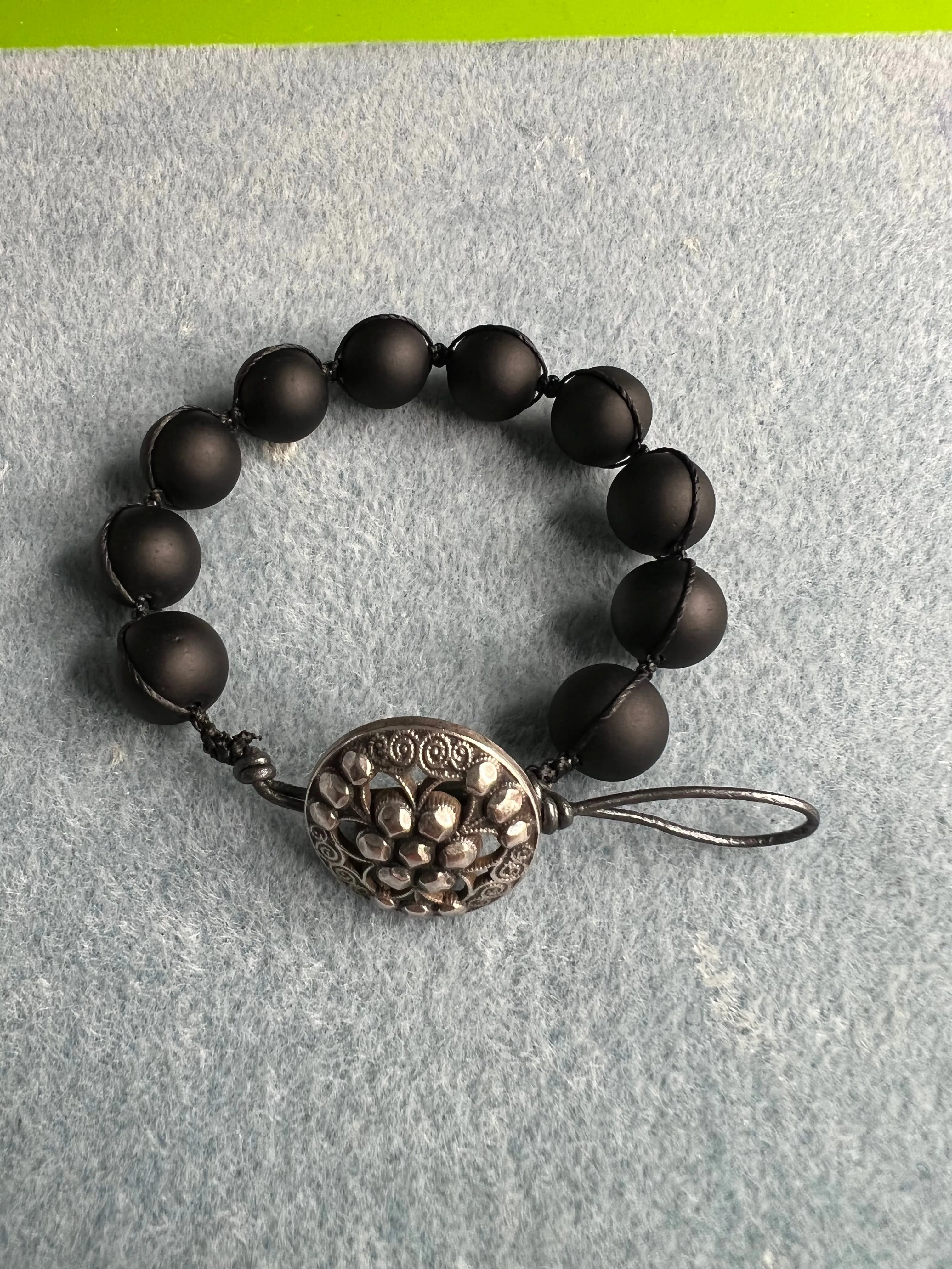 Black Beaded Macrame Bracelet with Button Closure