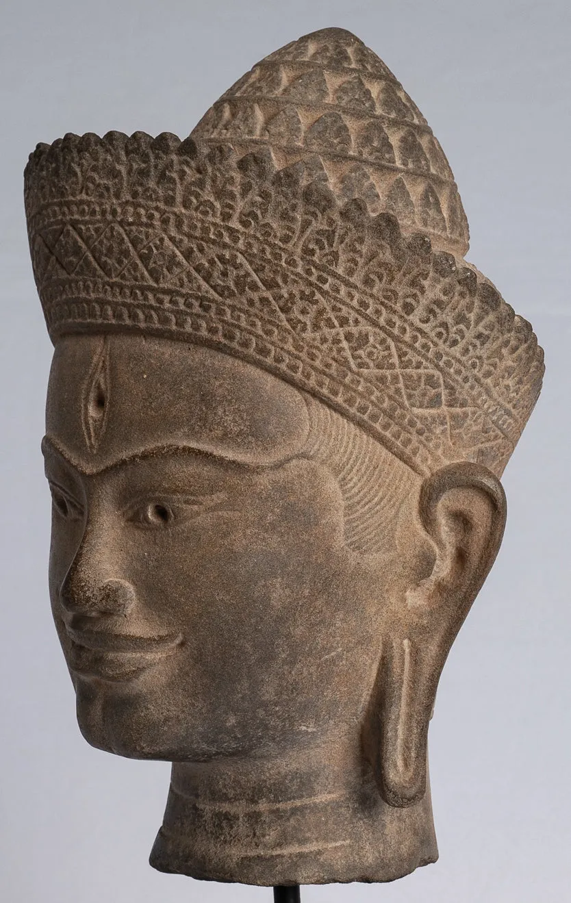 Buddha Statue - Antique Angkor Wat Style Stone Mounted Khmer Buddha Head - 39cm / 16"