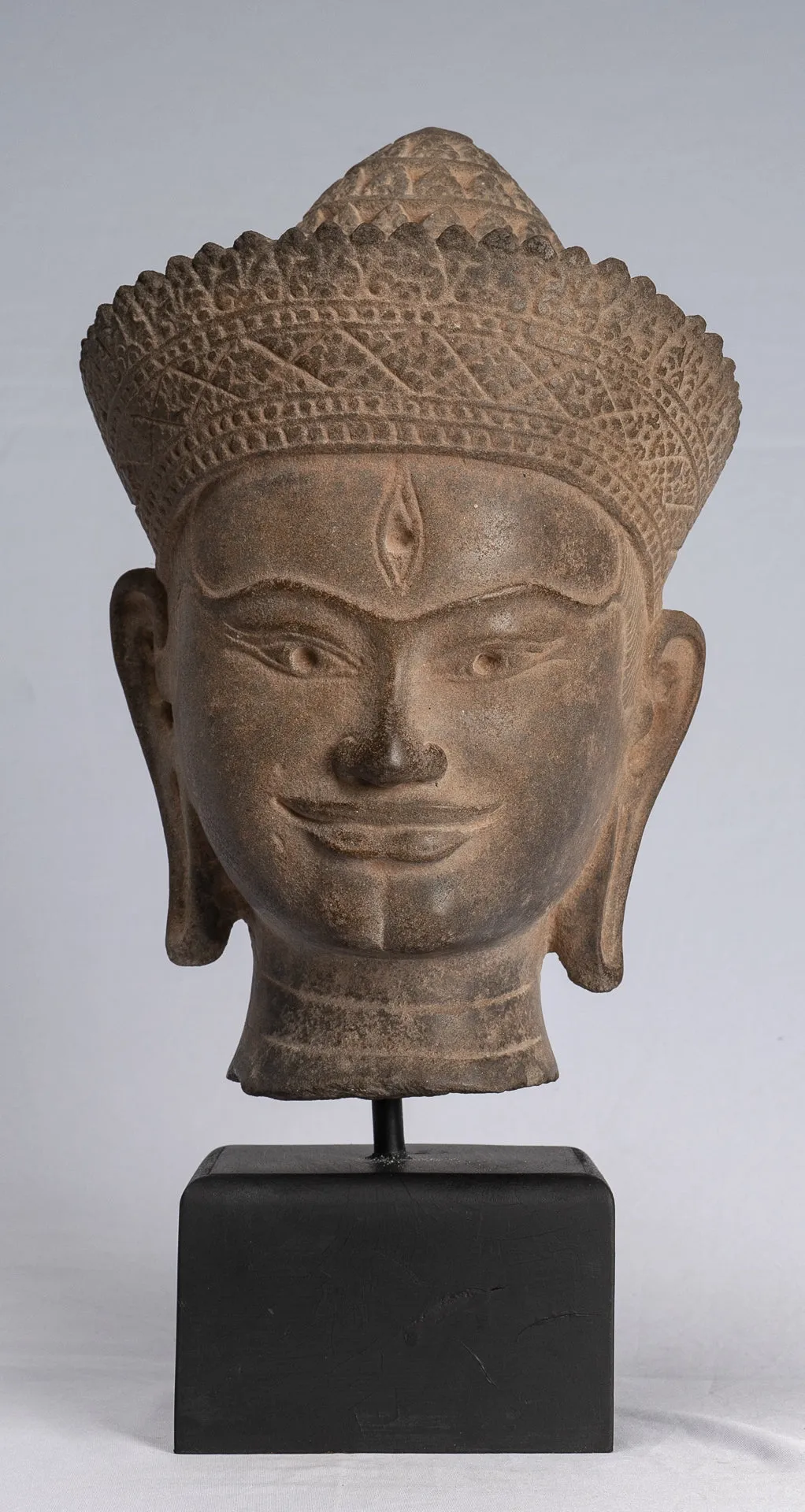 Buddha Statue - Antique Angkor Wat Style Stone Mounted Khmer Buddha Head - 39cm / 16"