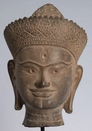 Buddha Statue - Antique Angkor Wat Style Stone Mounted Khmer Buddha Head - 39cm / 16"
