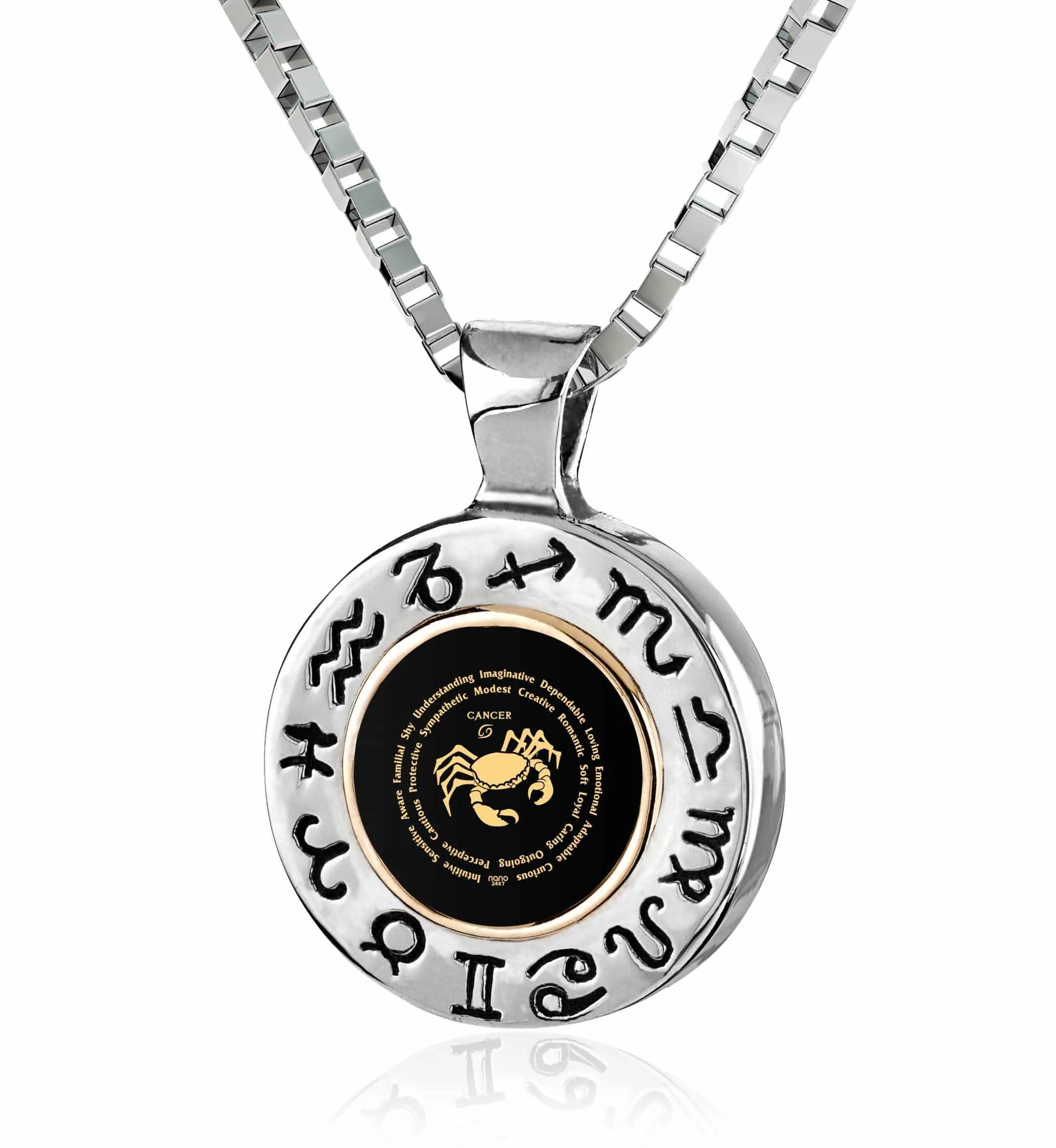 Cancer Sign, 925 Sterling Silver with 14K Gold Necklace, Onyx