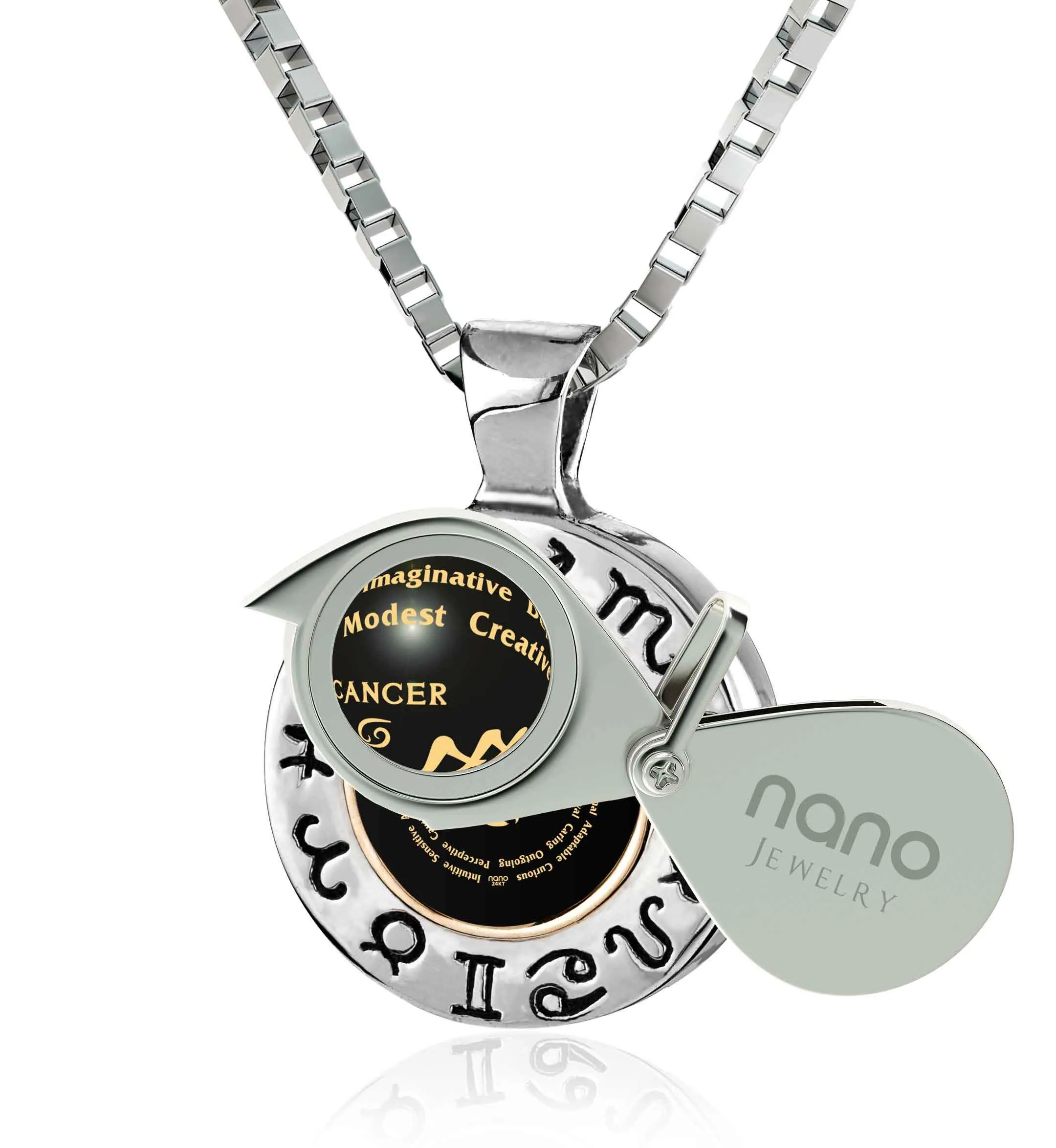 Cancer Sign, 925 Sterling Silver with 14K Gold Necklace, Onyx