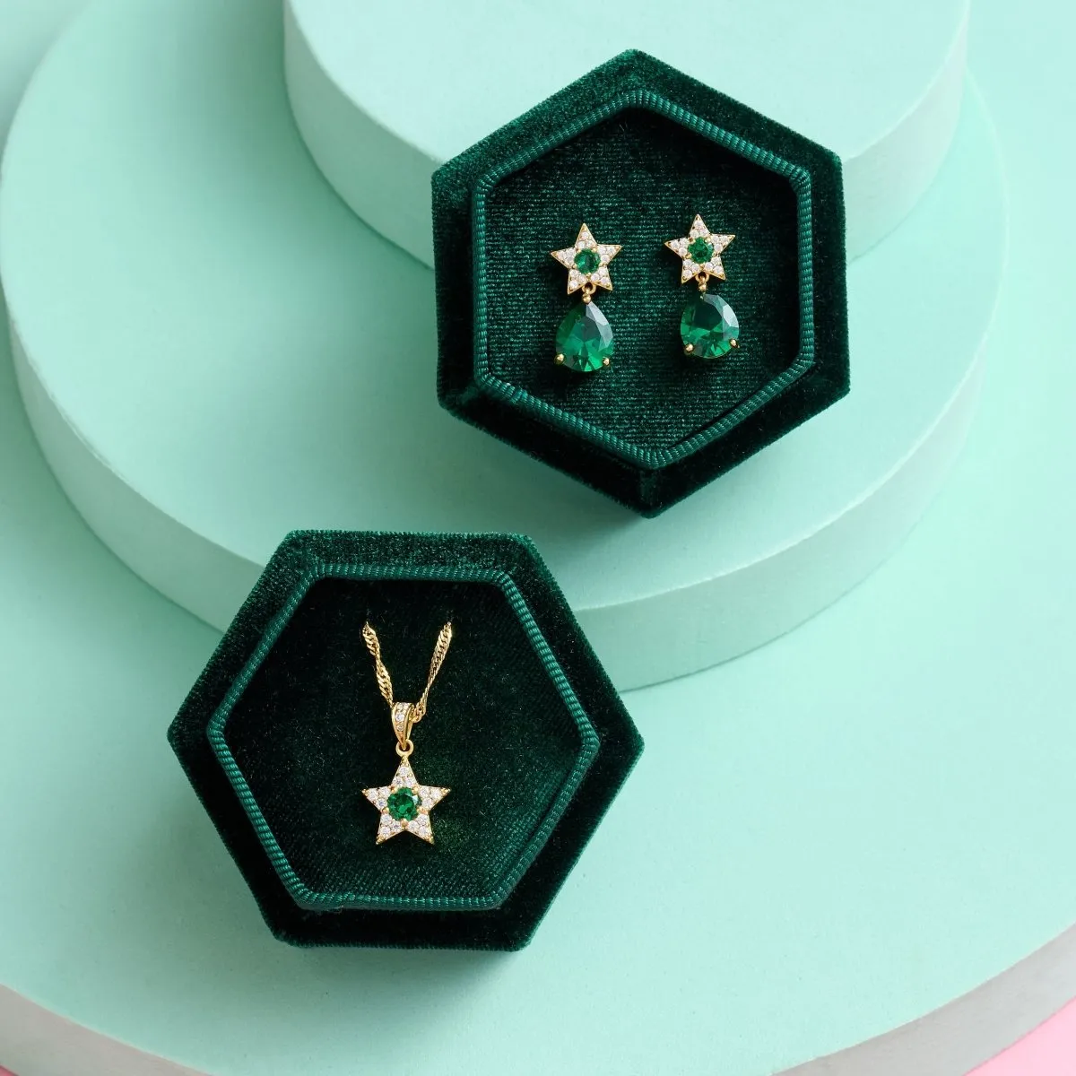 Celeste Mini Star Necklace Emerald Green, Clear CZ and Gold