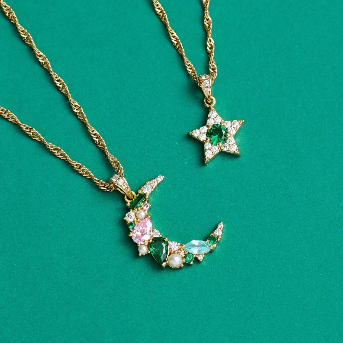 Celeste Mini Star Necklace Emerald Green, Clear CZ and Gold