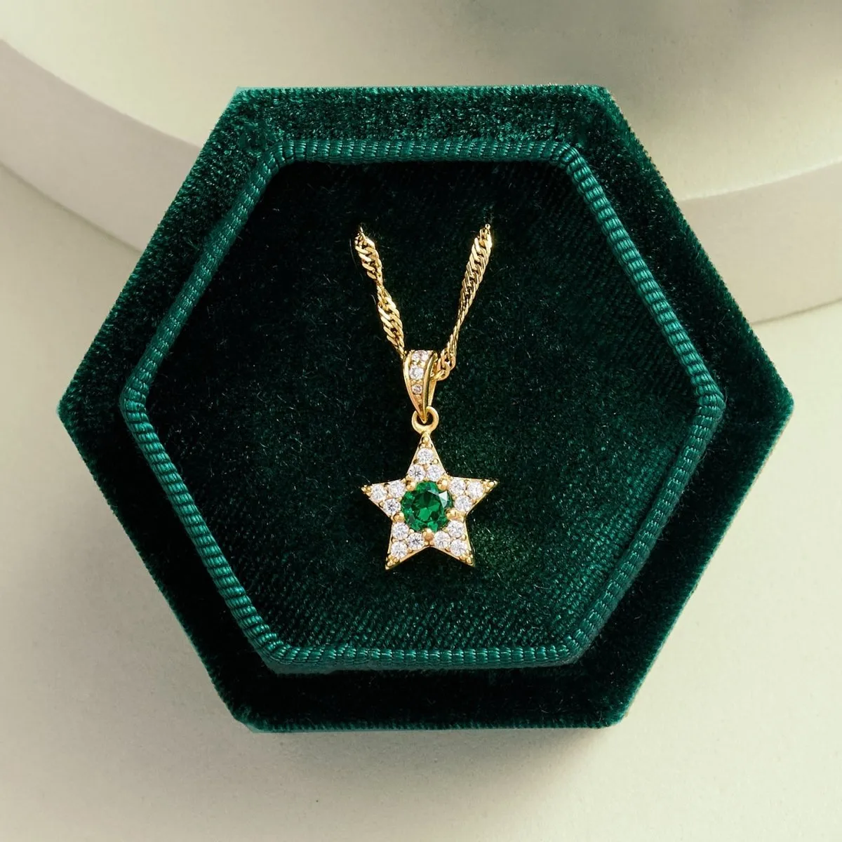 Celeste Mini Star Necklace Emerald Green, Clear CZ and Gold