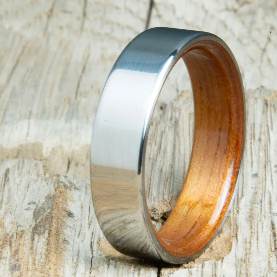 Classic titanium wood lined ring with Koa wood