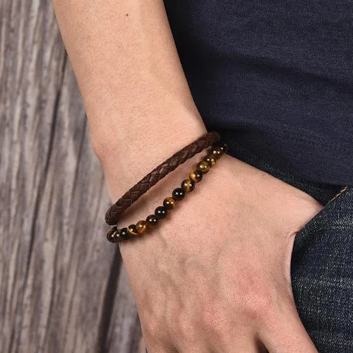 Classy Men Brown Dual Beaded Leather Bracelet