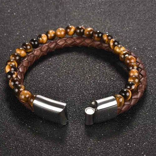 Classy Men Brown Dual Beaded Leather Bracelet