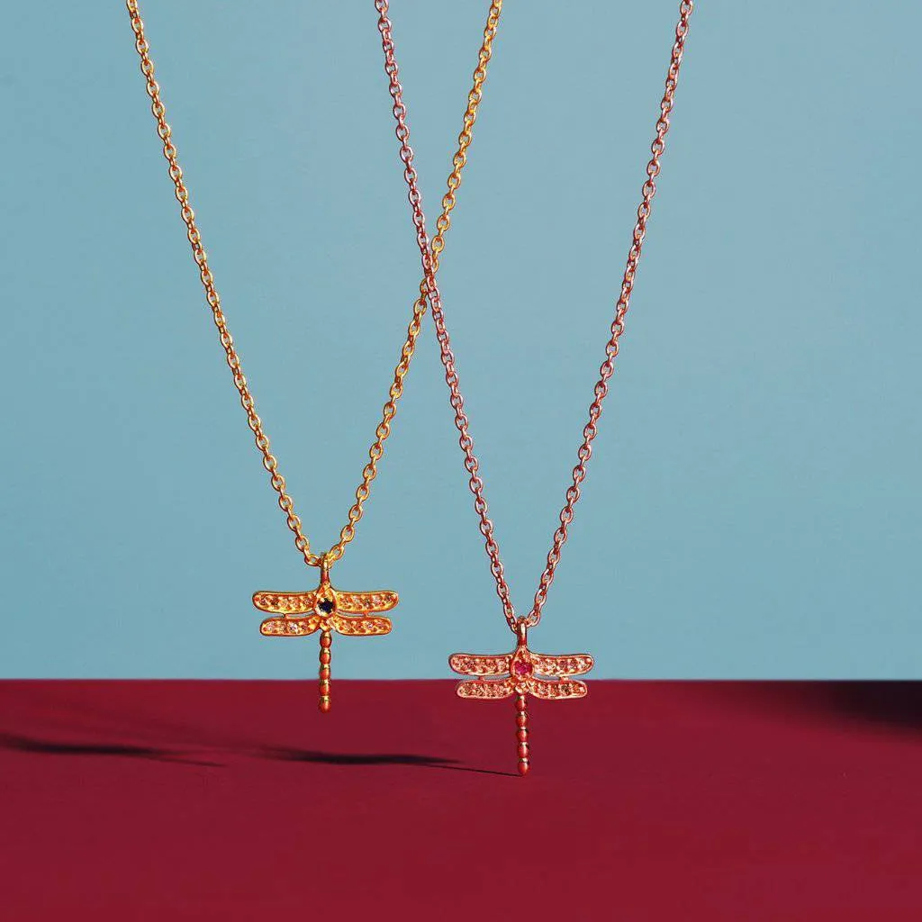 Diamond & Emerald Dragonfly Necklace Gold