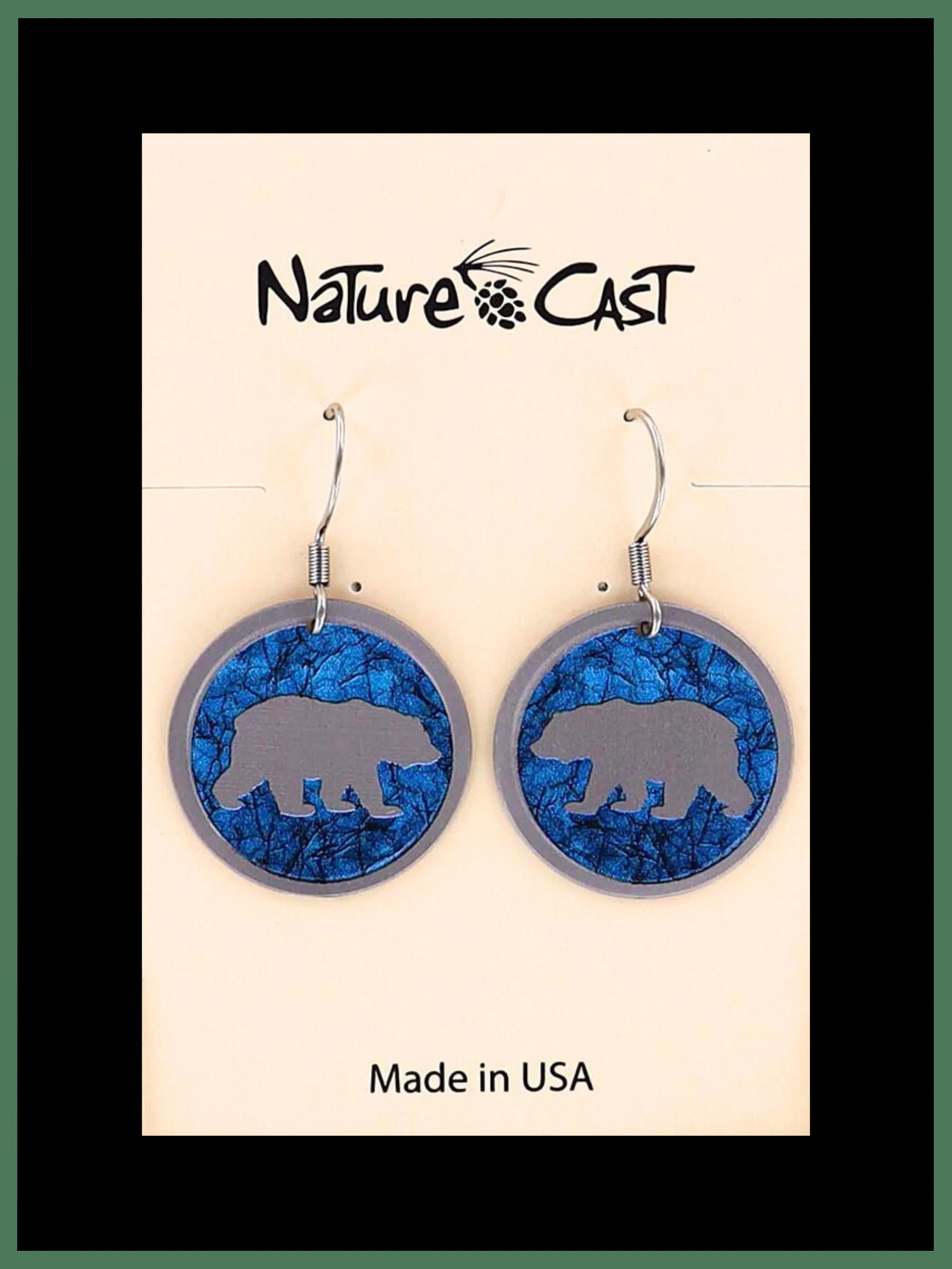 Earrings Dangle Round Bear on Turquoise Background
