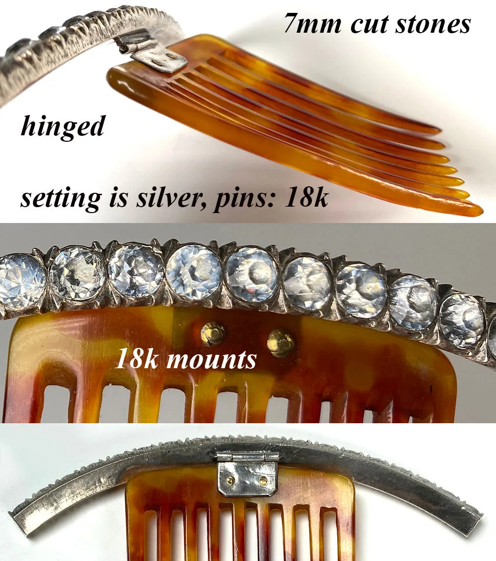 Elegant Antique French Diademe or Tiara Ornamental Hair Comb, Tortoise Shell & Gems