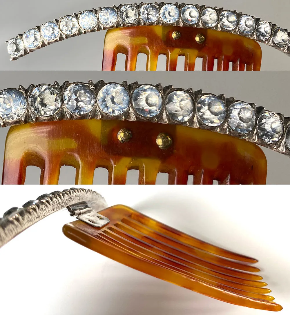 Elegant Antique French Diademe or Tiara Ornamental Hair Comb, Tortoise Shell & Gems