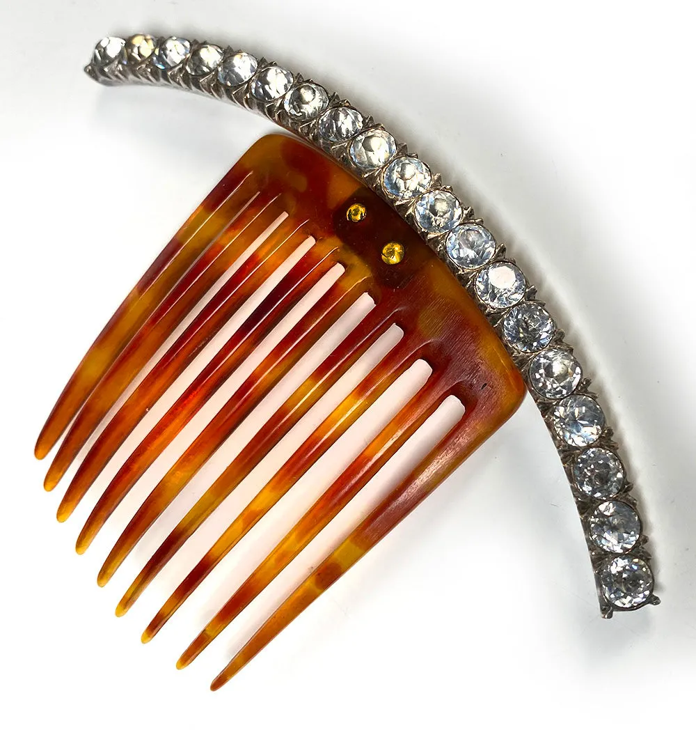 Elegant Antique French Diademe or Tiara Ornamental Hair Comb, Tortoise Shell & Gems