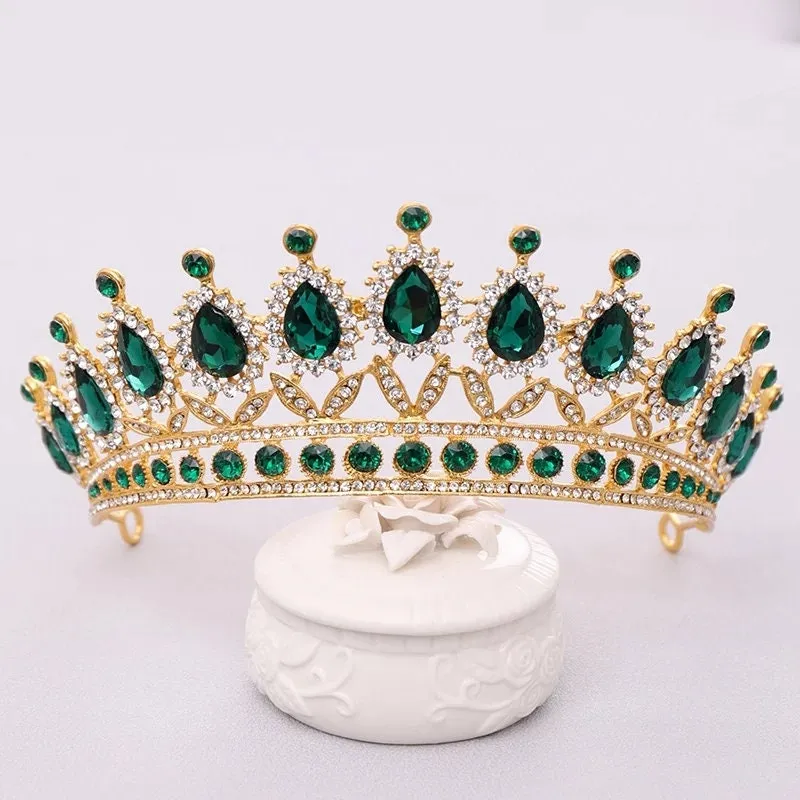 Emerald Green Crystal Tiara Crown Queen Gold headdress jewelry bridal cosplay diadem