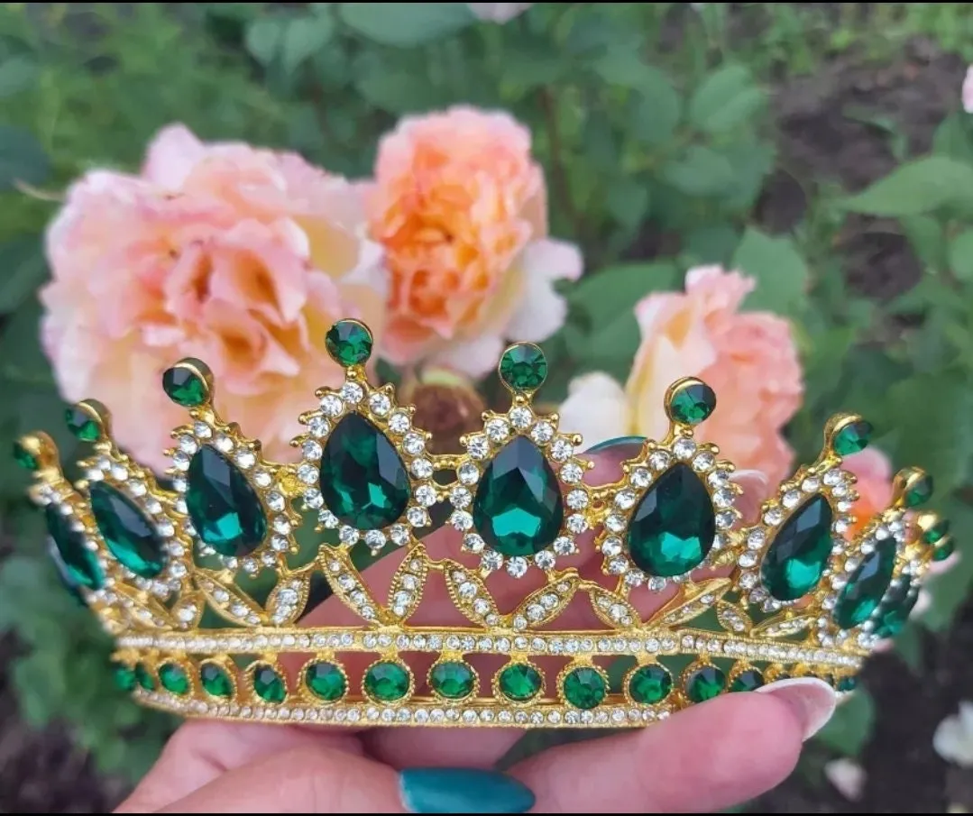 Emerald Green Crystal Tiara Crown Queen Gold headdress jewelry bridal cosplay diadem