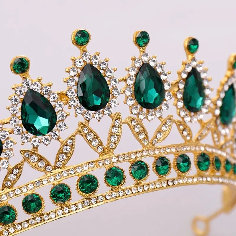 Emerald Green Crystal Tiara Crown Queen Gold headdress jewelry bridal cosplay diadem