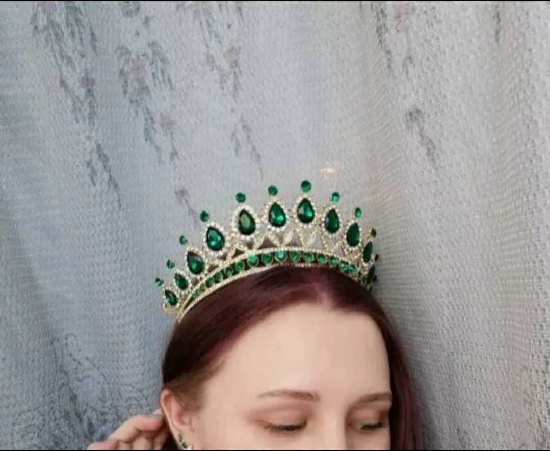 Emerald Green Crystal Tiara Crown Queen Gold headdress jewelry bridal cosplay diadem